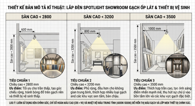 Cách bố trí đèn rọi cho thiết kế showroom gạch ốp lát - Showroom thiết bị vệ sinh